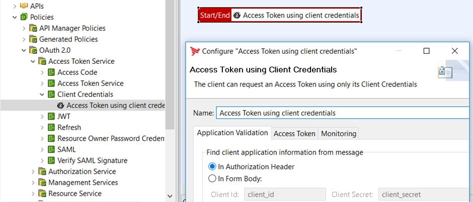 4 API deployment Configure the client credentials in Policy Studio When using the Client Credentials OAuth flow for the client, you must first configure the client credentials correctly in Policy