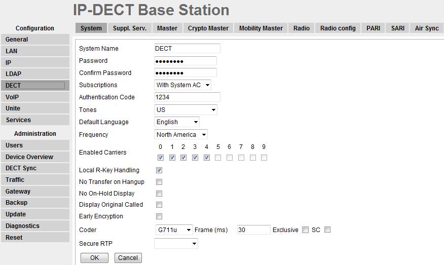DECT->System Note that the settings shown above apply for a system located in