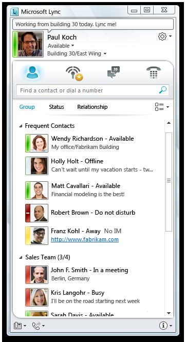 Contacts Contact list Figure 4: Contact list by group Lync Server 2010 keeps a list of colleagues who are frequently contacted, giving users an easy way to stay in touch with the people they talk to