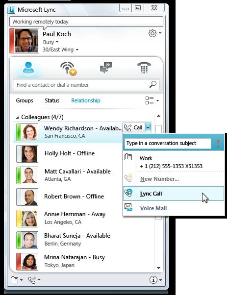 Placing calls Users with Microsoft Lync 2010 as their desktop client can place and receive voice calls using their corporate numbers from many different locations.