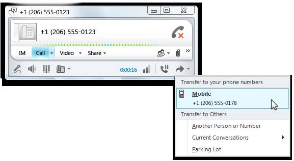 Figure 16: Transferring calls to a mobile device Richer communications with other Lync 2010 users When in a conversation with another Lync 2010 participant, users have more options than with a