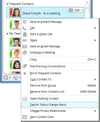 In the Lync main window, in your Contacts list, right-click a contact, and then click Tag for Status