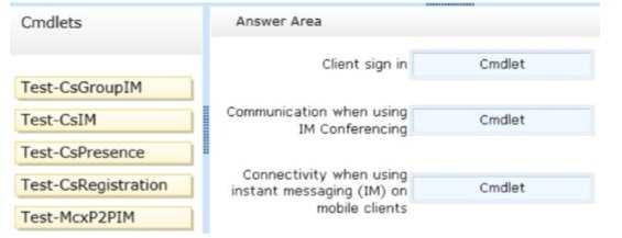 Connectivity when using instant messaging (IM) on mobile clients Which cmdlets should you identify? To answer, drag the appropriate cmdlets to the correct location in the answer area.