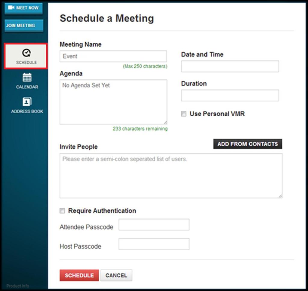 Creating and Managing Your Meetings Creating Meetings This section shows you how to schedule a meeting for a later date and how to start a meeting immediately.