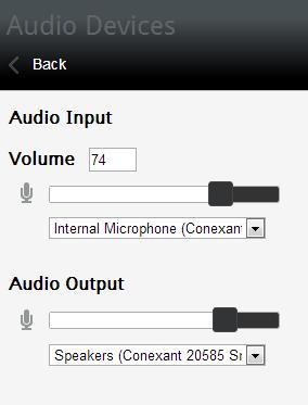 Participating in Meetings 3 The Audio Devices screen displays microphone options in the Audio Input section and speaker options in the Audio Output section.
