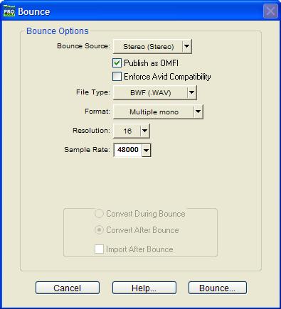 To export to OMFI using Bounce to Disk: 1 In Pro Tools, prepare the session for bouncing to disk and make the desired selection to bounce to disk. In the Publishing Options dialog (Pro Tools 5.3.