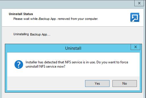 5. If there is a Run Direct restore running at the time of the Backup AppCBS uninstallation, the following screen prompts to alert you the NFS service is in