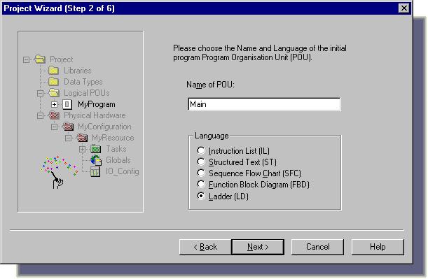 CREATING A NEW PROJECT USING THE PROJECT WIZARD DEVELOPING A SAMPLE PROJECT Figure 2: Dialog 'Project Wizard (Step 2 of 6)' for entering the first POU and selecting the programming language e.