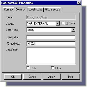 DEVELOPING A SAMPLE PROJECT DEBUGGING THE PROJECT Figure 53: 'Contact/Coil Properties' dialog for setting the contact properties For further information on the location and size prefixes refer to the