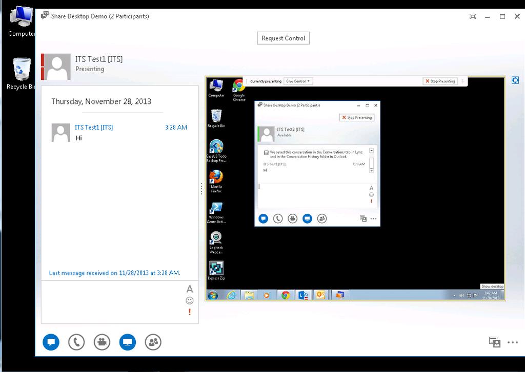 In ITS TEST1 side, click Request Control, the desktop sharing session is established O.