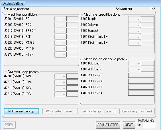 Press [NC data] in the navigation window and select [Servo adjustment] in the