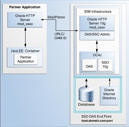 Upgrade Scenarios Figure 3 2 Oracle Single Sign-On 10g Infrastructure The topology comprises the following: Partner applications in a Java EE container front-ended by Oracle HTTP Server to