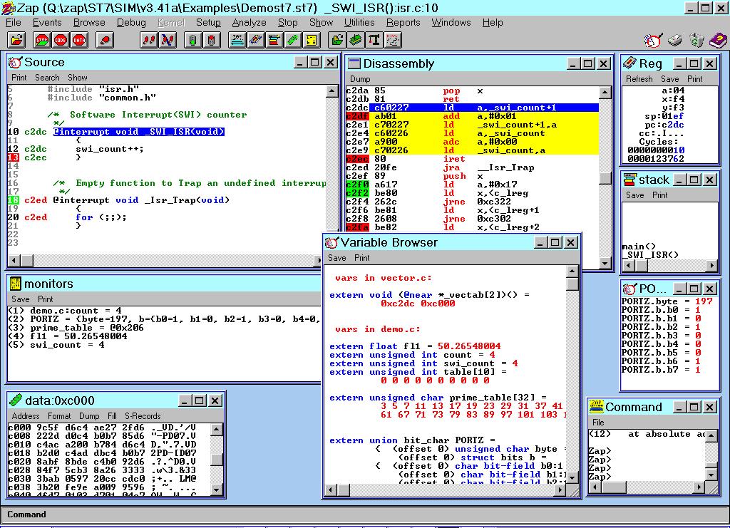Easy-to-use Graphical User-Interface ZAP is a full featured C and Assembly source level debugger interface available on PC for Windows 95/98/NT/2000 and XP.