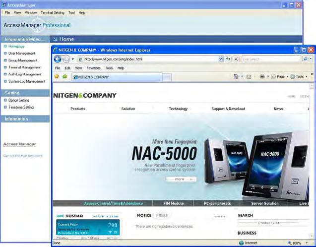 Homepage By selecting the Homepage option, the website of NITGEN&COMPANY can be viewed along with the company s product information.