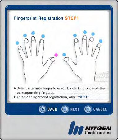 Click [Finish] to end the adjustment. After the fingerprint is registered, the dot above the finger will turn purple.