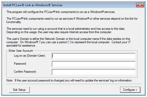 Install the PCLaw Link as a Windows Service To use PCLaw Mobility, you must run a utility provided with PCLaw that installs PCLaw link components as Windows Services.