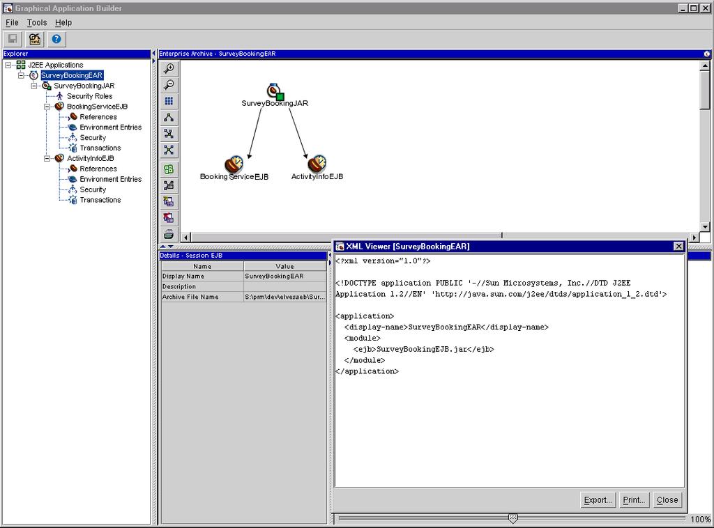 Figure 43: Graphical Application Builder The figure above shows a view of the Graphical Application Builder in which one can administrate references between and configure the various bean s