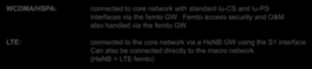 connected to the core network via a HeNB GW using the S1 interface Can also be connected directly