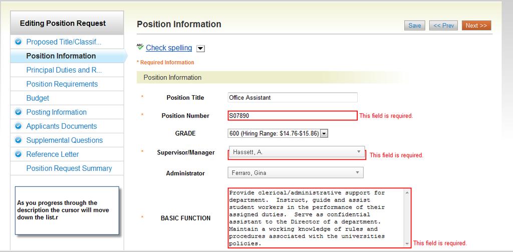 Enter the title of the position, select your division and department then click on Start Position Request.