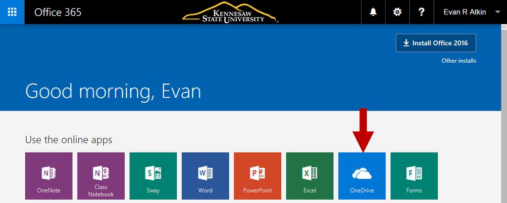 5. The Office 365 home page will open. Click OneDrive. Figure 4 - OneDrive Icon 6. OneDrive for Business will open and display your documents.
