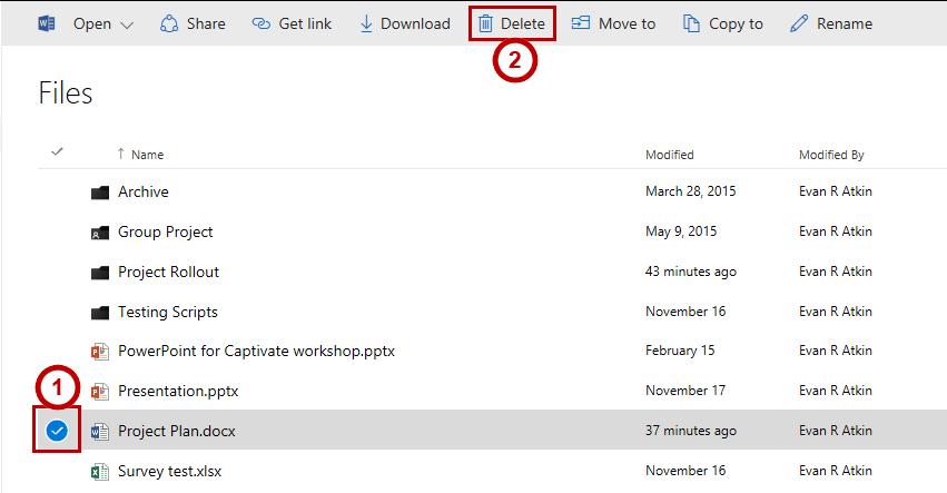 Deleting Files and Folders You can delete files and folders no longer needed from your OneDrive for Business account.