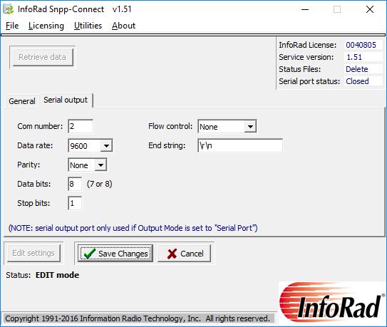 If using InfoRad Watch-IT Serial click on Serial port tab for serial port settings.
