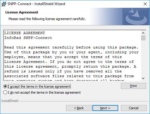 4. The InfoRad SNPP-Connect InstallShield Wizard license agreement screen will appear.