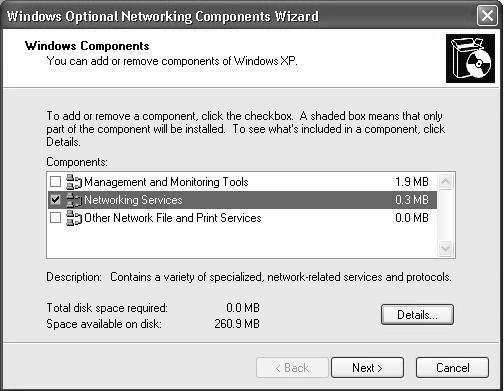 3 In the Network Connections window, click Advanced in the main menu and select Optional Networking Components.