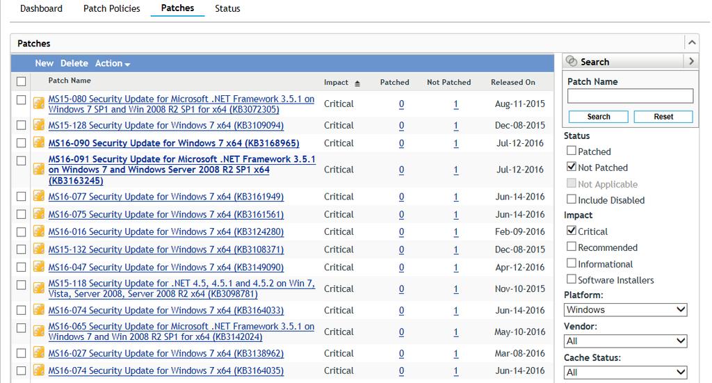 View Zone Patches To view the patches that are discovered in the zone from the DAU tasks, click Patch Management in the navigation menu, and select the Patches page.