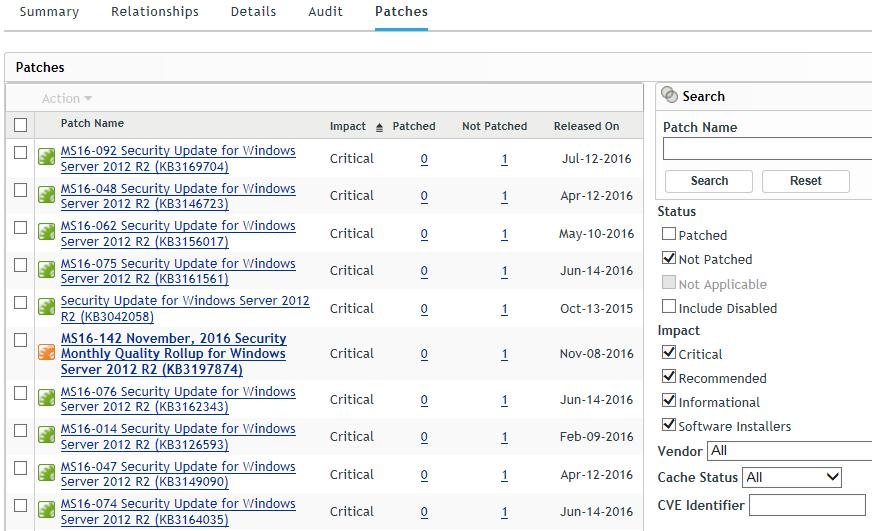 4 Click the Patches page (either from a group or device page) to display the patches associated with the group or device: For information on how to use the Patches page, see Configure the Patch