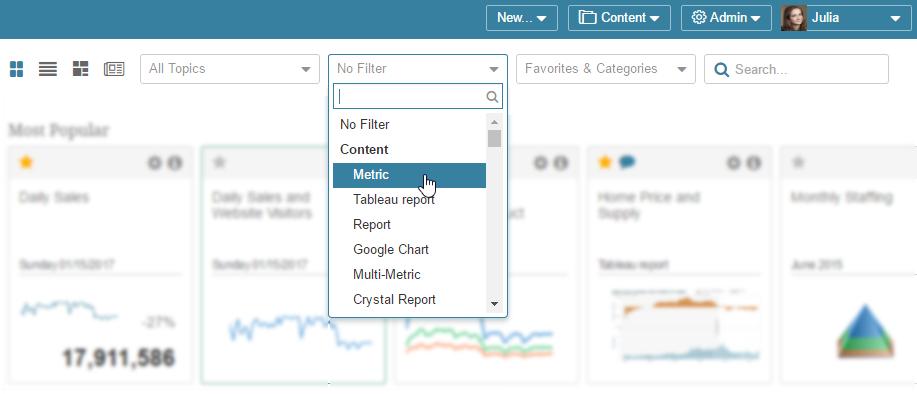 'Filter' drop-down list This drop-down list includes the following filtering options: Content: Metric, Multi-Metric, Report External Reports are represented as respective External Report Types (for