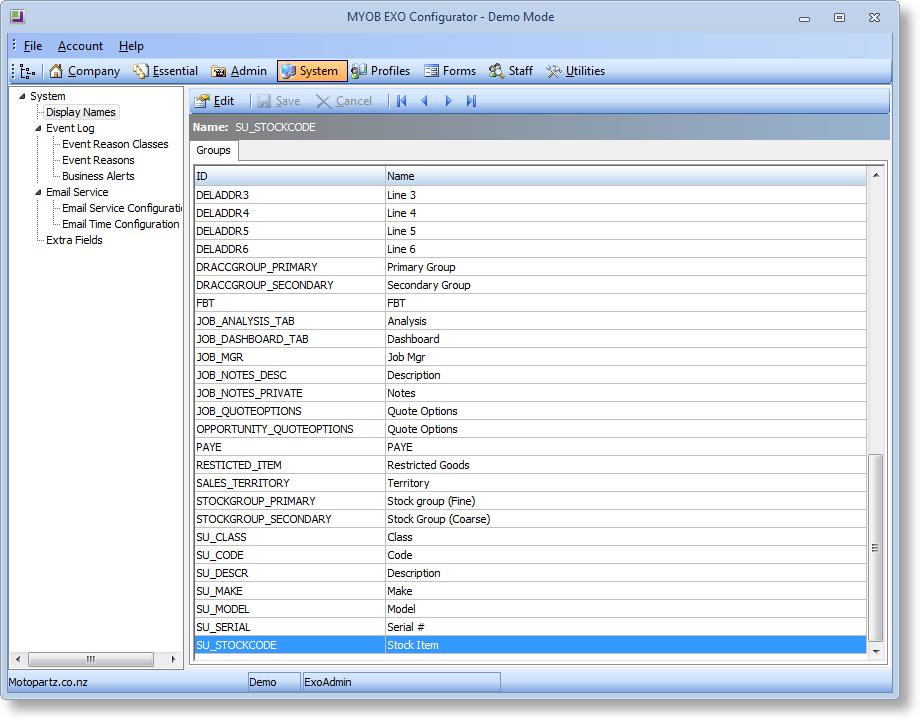 Serviceable Unit Display Names EXO Business 2015.3 User-defined Display Names can now be configured for a range of labels in Serviceable Units.