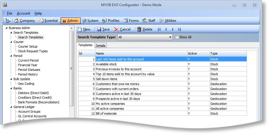 Search Templates EXO Business 2015.1 Search templates are pre-defined SQL filters that can be applied to stock and company record searches in the EXO Business system.