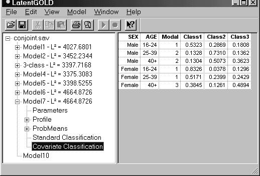 LATENT GOLD 4.0 USER'S GUIDE Click on the Output Tab. Click in the checkbox next to 'Standard Classification' and 'Covariate Classification' to select this output.