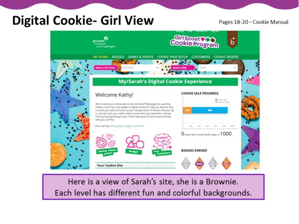 Once a Girl Scout has registered her site, she will be sent to a screen similar to this one. This is her dashboard or home page.
