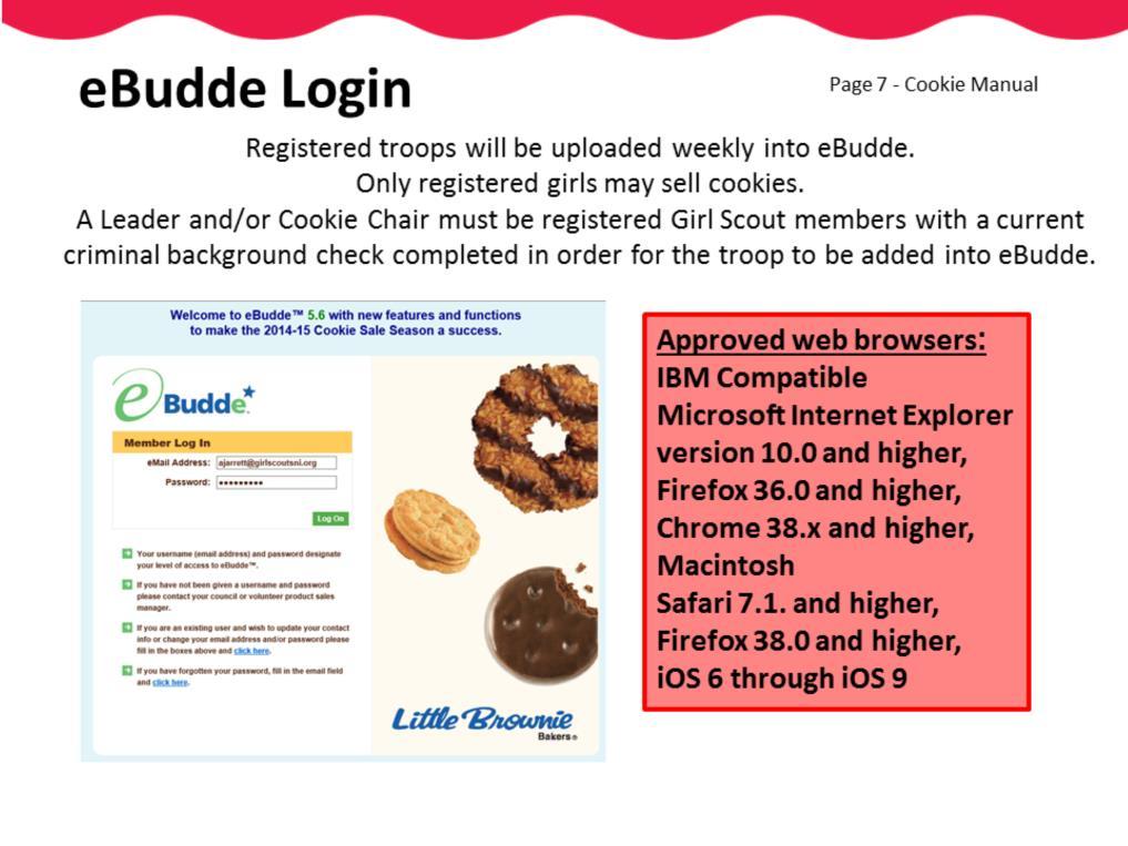 Now let s discuss where you will add girl orders, choose booth sites, and so much more. ebudde is the all in one place to run your Cookie Program. Your Email address is used to gain access to ebudde.