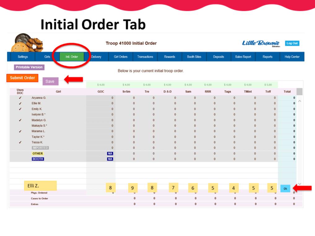 The Initial Order tab is where you will enter girls initial orders by the deadline of Monday, January 29, at 11:59pm.