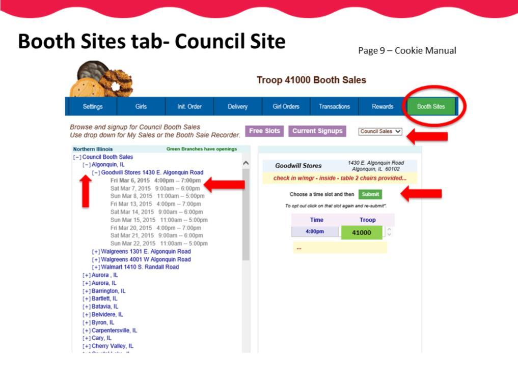 On the Booth Sites tab, you will find Council Sales sites that have been secured by GSNI or you can add your own My Sales site. In this example, the drop down is Council Sales sites.