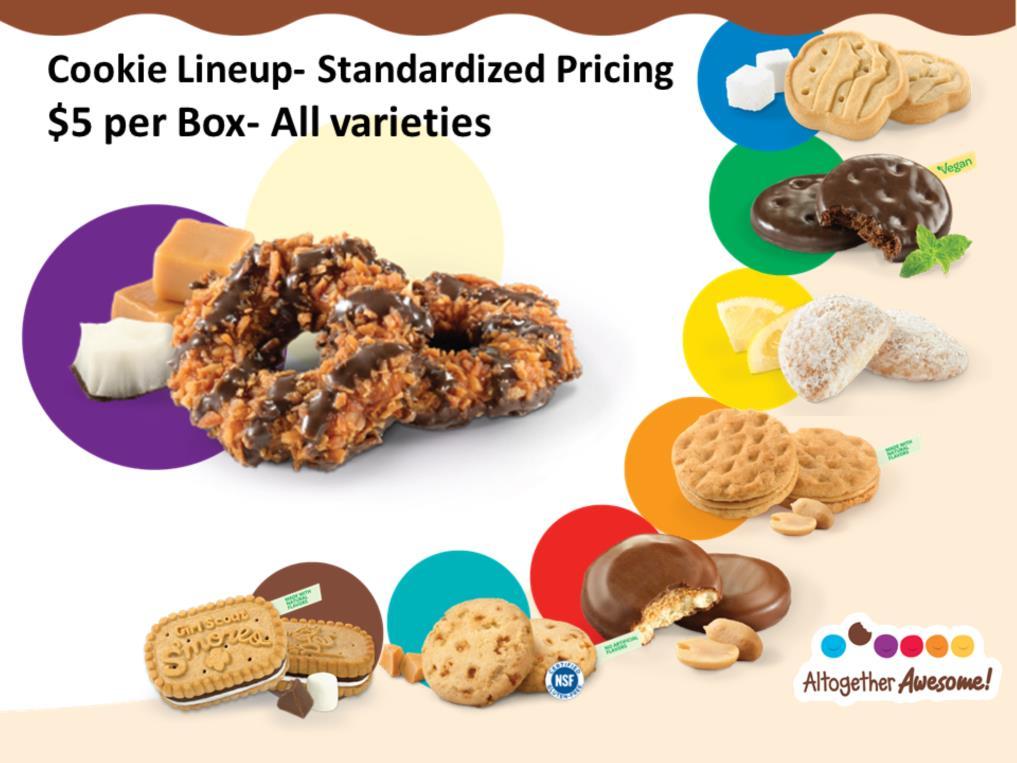 As previously announced, GSNI has moved to standardized pricing. This simply means all cookie varieties are to be sold at $5/box. This change goes into effect with the 2018 Cookie Program.