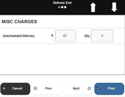 Deliveries The Delivery End screen opens, displaying the optional charge, with the charge name and price for the charge.
