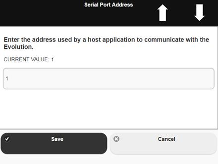 Communications 5.2. Setting a Serial Port Address To set the IP address of the serial port, touch Serial Port Address 1. The Serial Port Address screen.