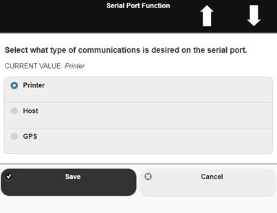 Communications Program Mode -- Communication Directory Port settings. To change the configuration, touch the desired setting. Serial port function selection list.