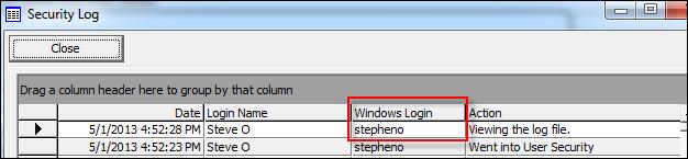 v.5.13.1000 sp1 Release Notes Log File A Windows Login field has been added to the SSSecurityLog table. The Windows Login ID is now recorded for each table entry.