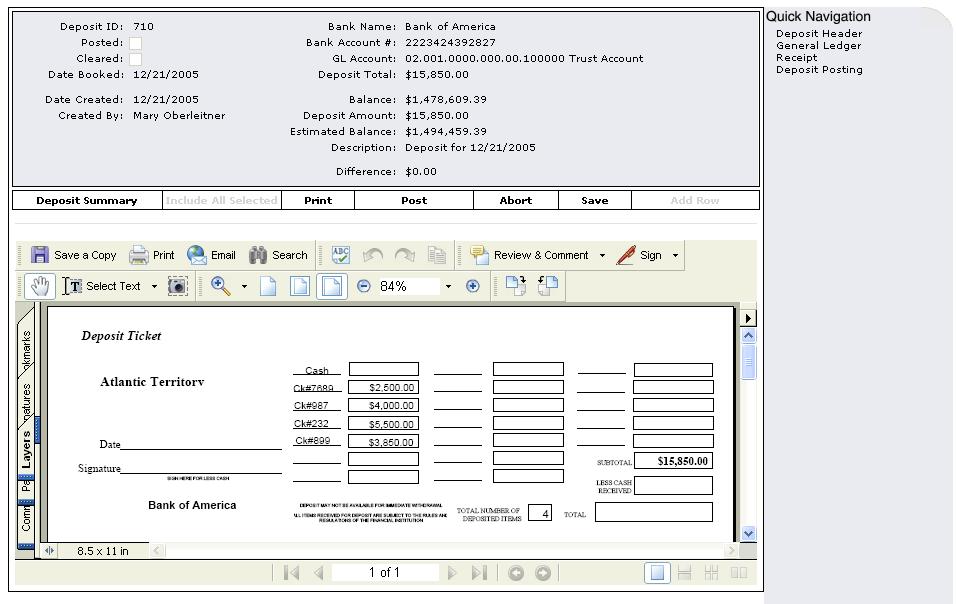 Nexsure Training Manual - Accounting The deposit slip is displayed on the screen. To print the deposit, click the Adobe Reader printer just above the document. The deposit slips print on plain paper.