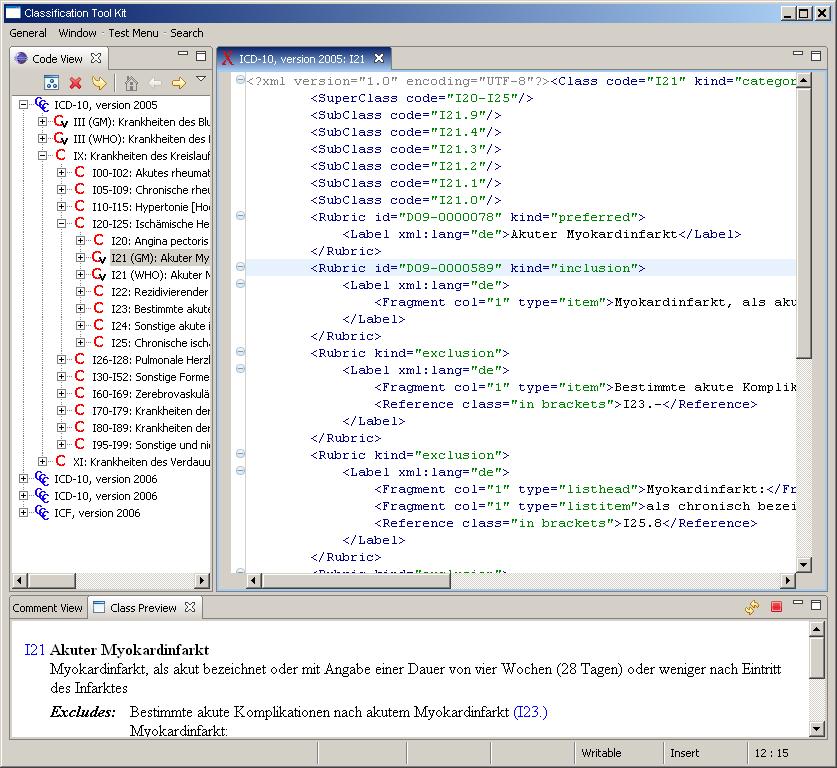 WHOFIC2006 Screenshot 1: The XML editor in the Eclipse environment (right upper window) Still the main user of the Maintenance Tool will be a classification specialist who cannot be expected to have