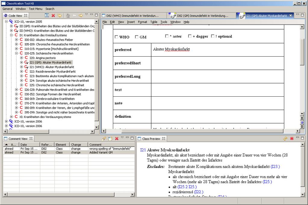WHOFIC2006 Screenshot 2: Prototype of the text editor (right upper window) The left upper window shows the tree view of two variants of the ICD-10.