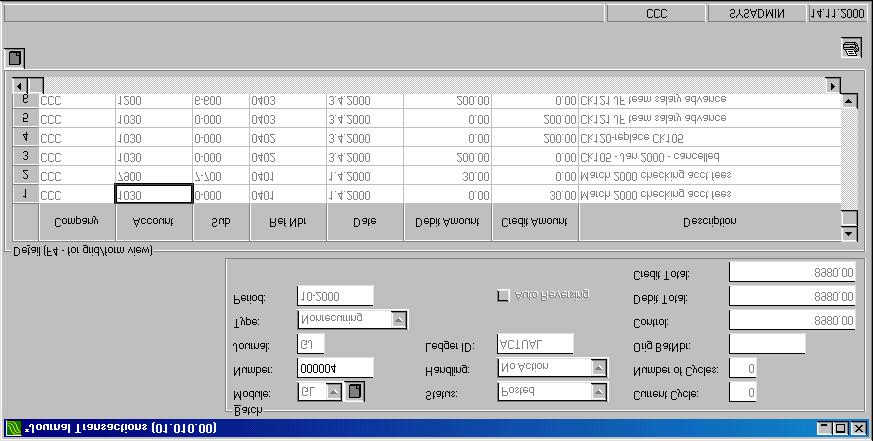 International Financial Management Solomon 4.5: Transaction processing 2 4 Journal transactions screen, grid view. Several transactions can be seen at a time, one per line. See also point 6.