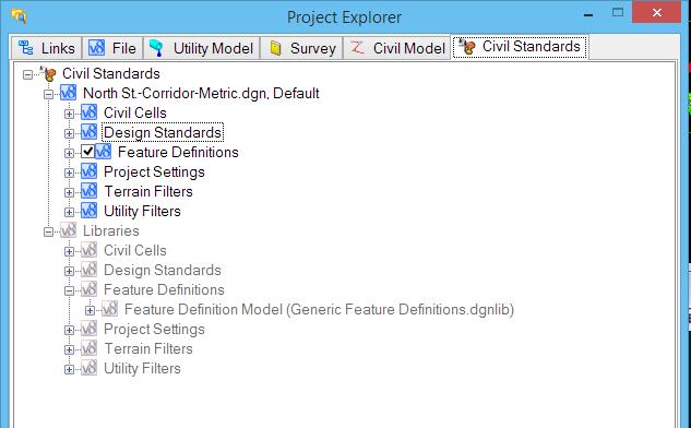 Project Explorer in MicroStation The Civil Standards pane is used to manage the features, Civil Cells, design standards, graphic