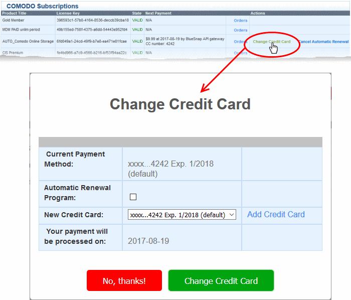 Card receiving payment during renewal of the license. Clicking the 'Change Credit Card' link allows you to change the credit card to be used for the next cycle of renewal.