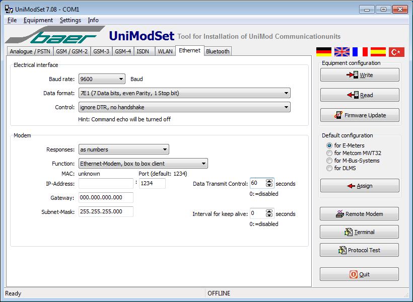 Programming with the software UniModSet/MetcomTSet After program start, select the register tab Ethernet.